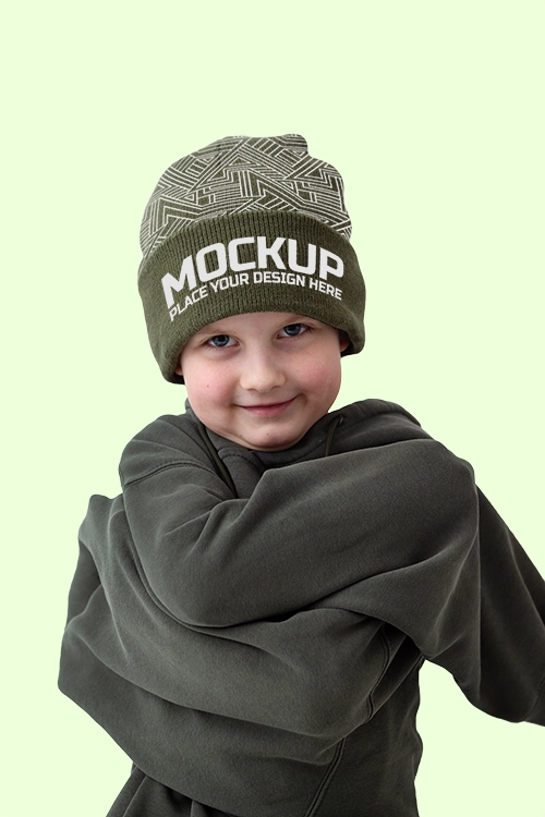 Child wearing beanie mockup
