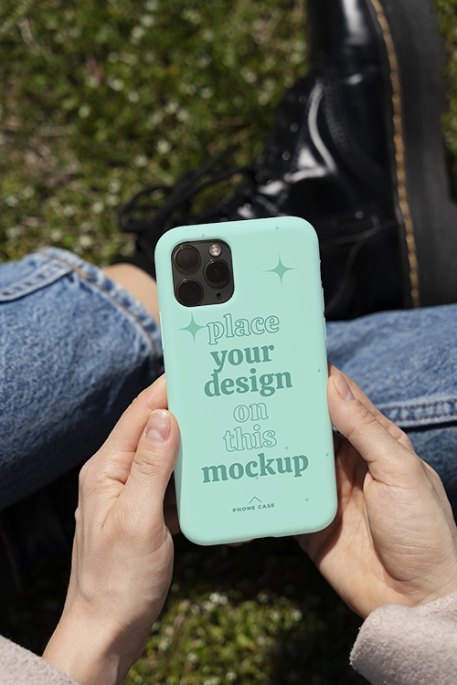 Person holding smartphone mock-up outdoors