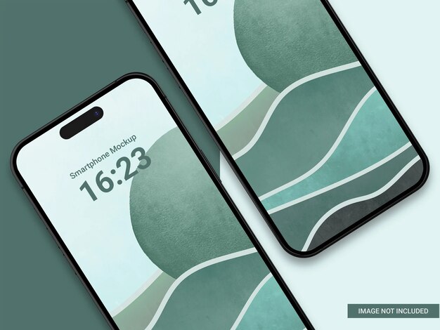 Couple of smartphone 14 pro mockup screen on the green combination background with shadow